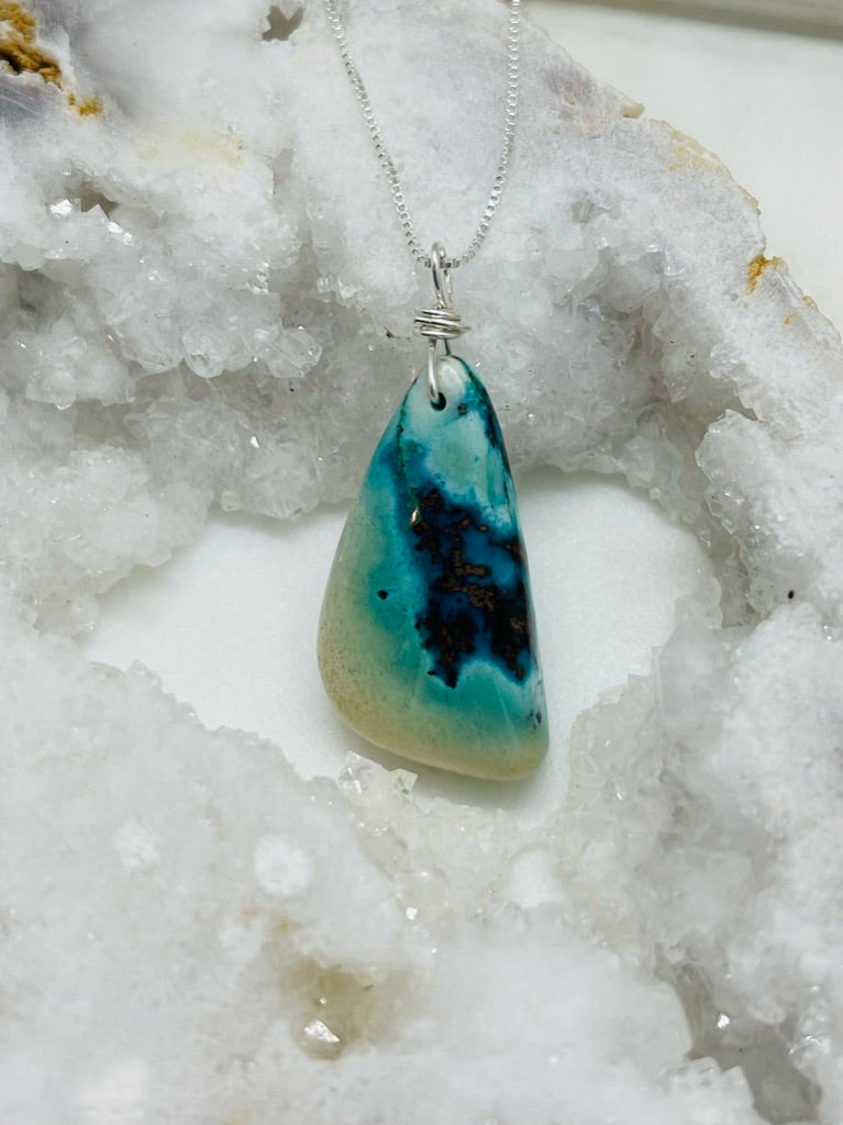 Chrysocolla Gemstone Necklace, Sterling Silver Box Chain, One of a Kind Artisan Jewelry for Women