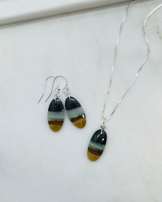 Natural Stone Artisan Jewelry Earrings and Necklace Set - Petrified Wood Gemstone and Sterling Silver