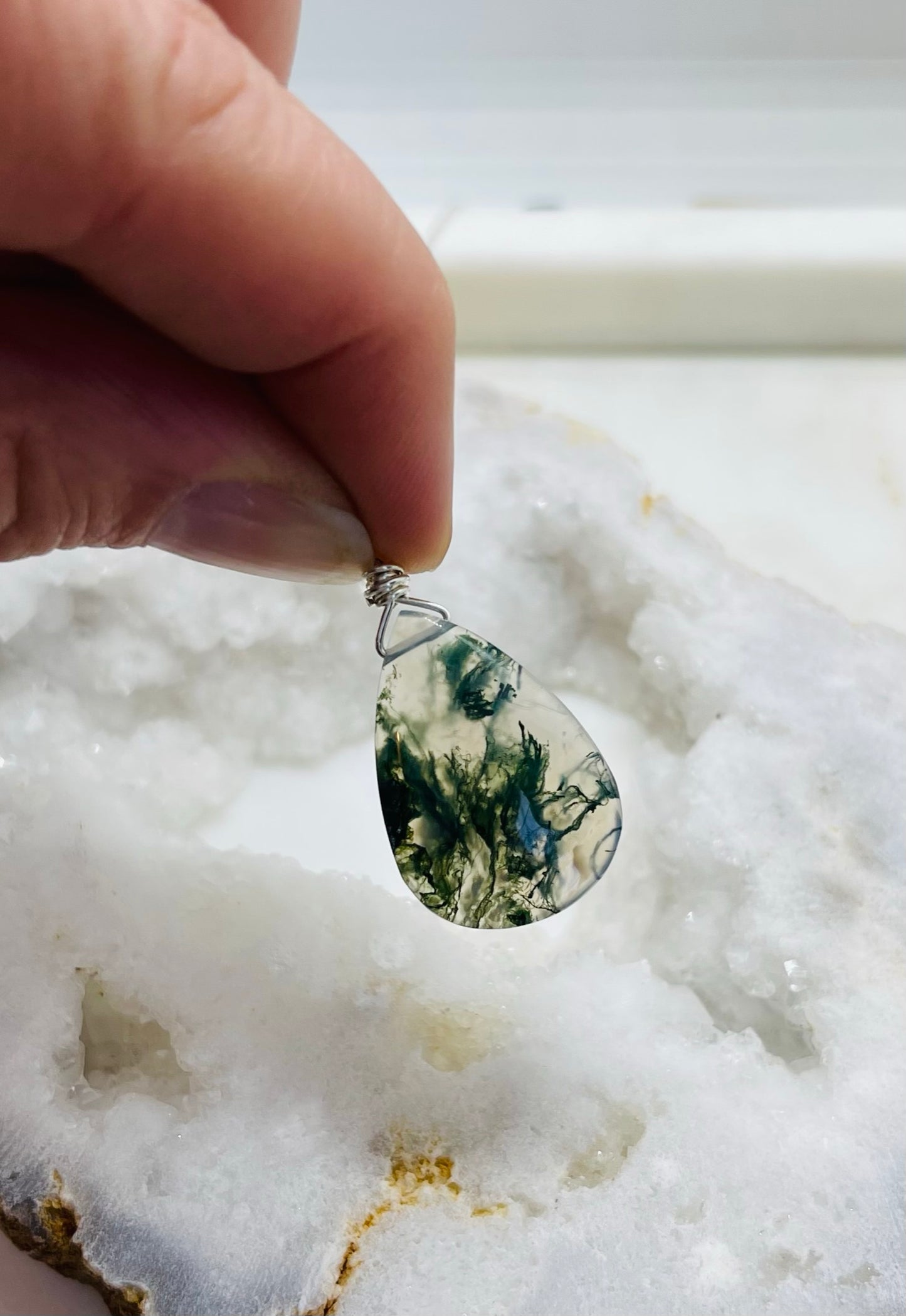 Moss Agate Teardrop Shaped Pendant Necklace - A Whisper of Nature's Beauty