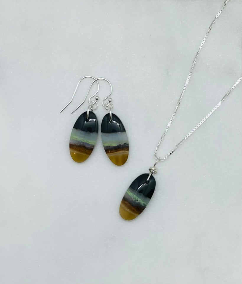 Natural Stone Artisan Jewelry Earrings and Necklace Set - Petrified Wood Gemstone and Sterling Silver
