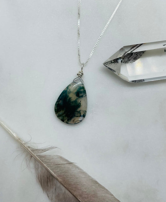 Moss Agate Teardrop Shaped Pendant Necklace - A Whisper of Nature's Beauty