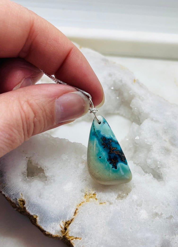 Chrysocolla Gemstone Necklace, Sterling Silver Box Chain, One of a Kind Artisan Jewelry for Women
