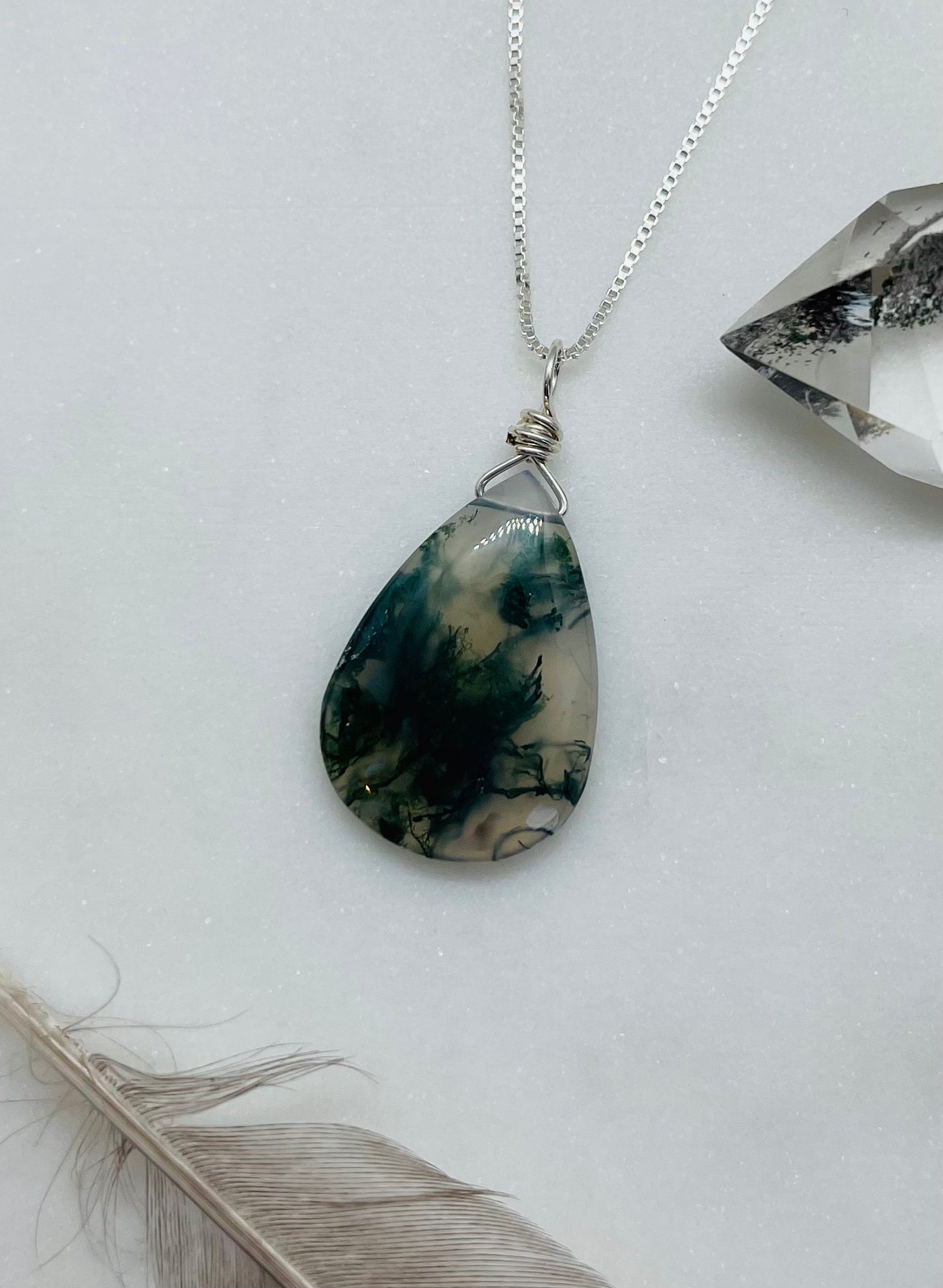 Moss Agate Teardrop Shaped Pendant Necklace - A Whisper of Nature's Beauty