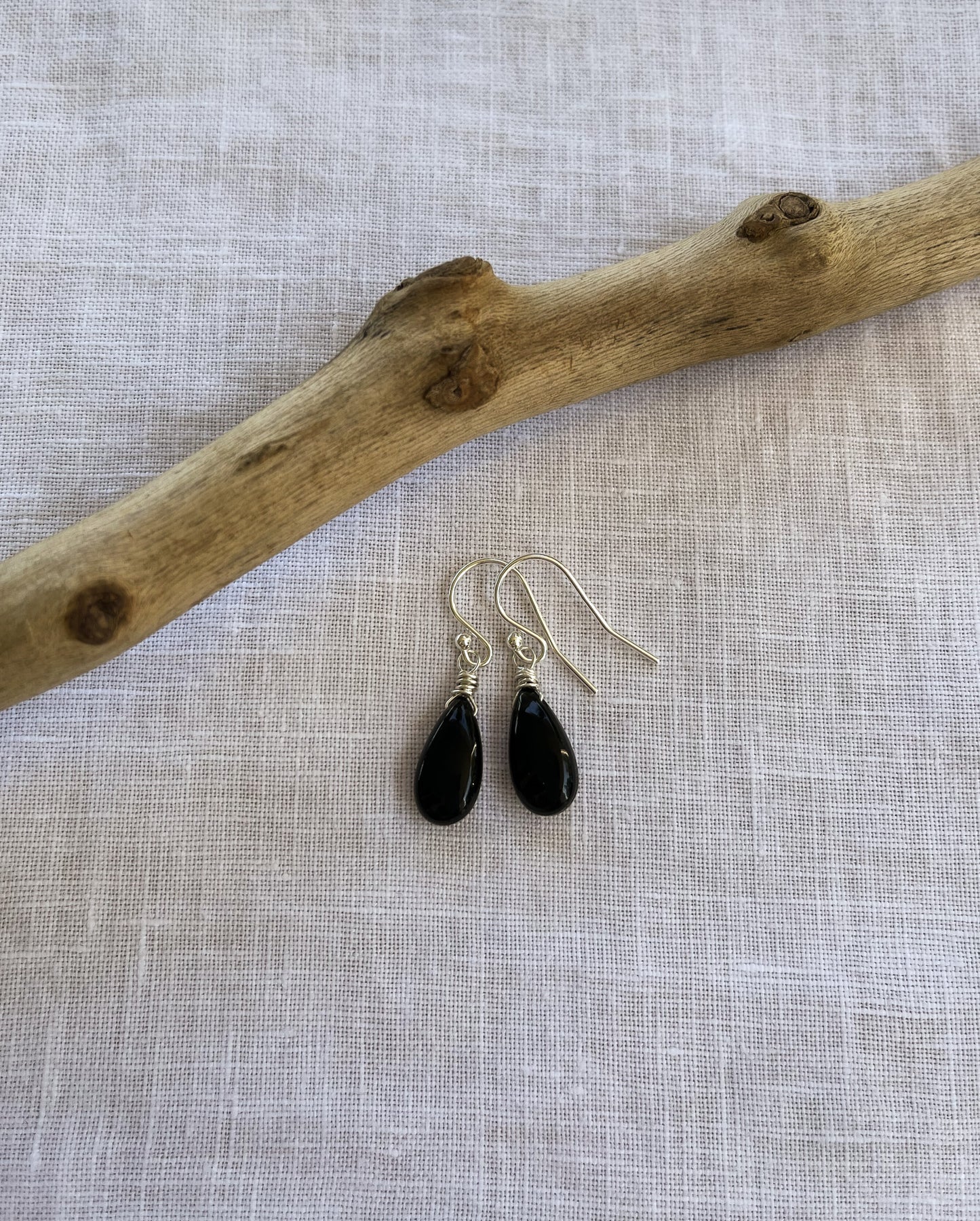 Black Obsidian Teardrop Dangle Earrings in Sterling Silver