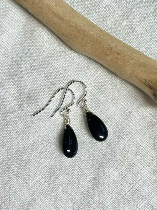 Black Obsidian Teardrop Dangle Earrings in Sterling Silver