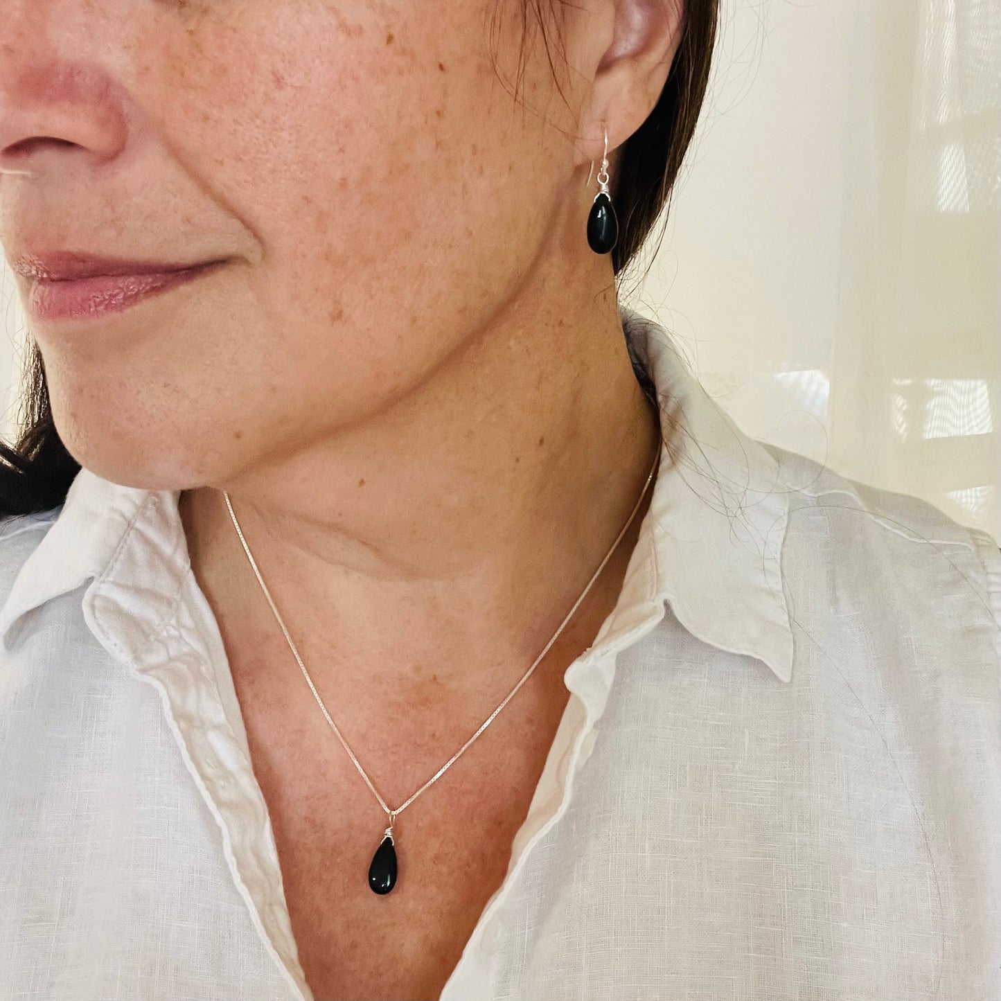 Black Obsidian Teardrop Dangle Earrings in Sterling Silver