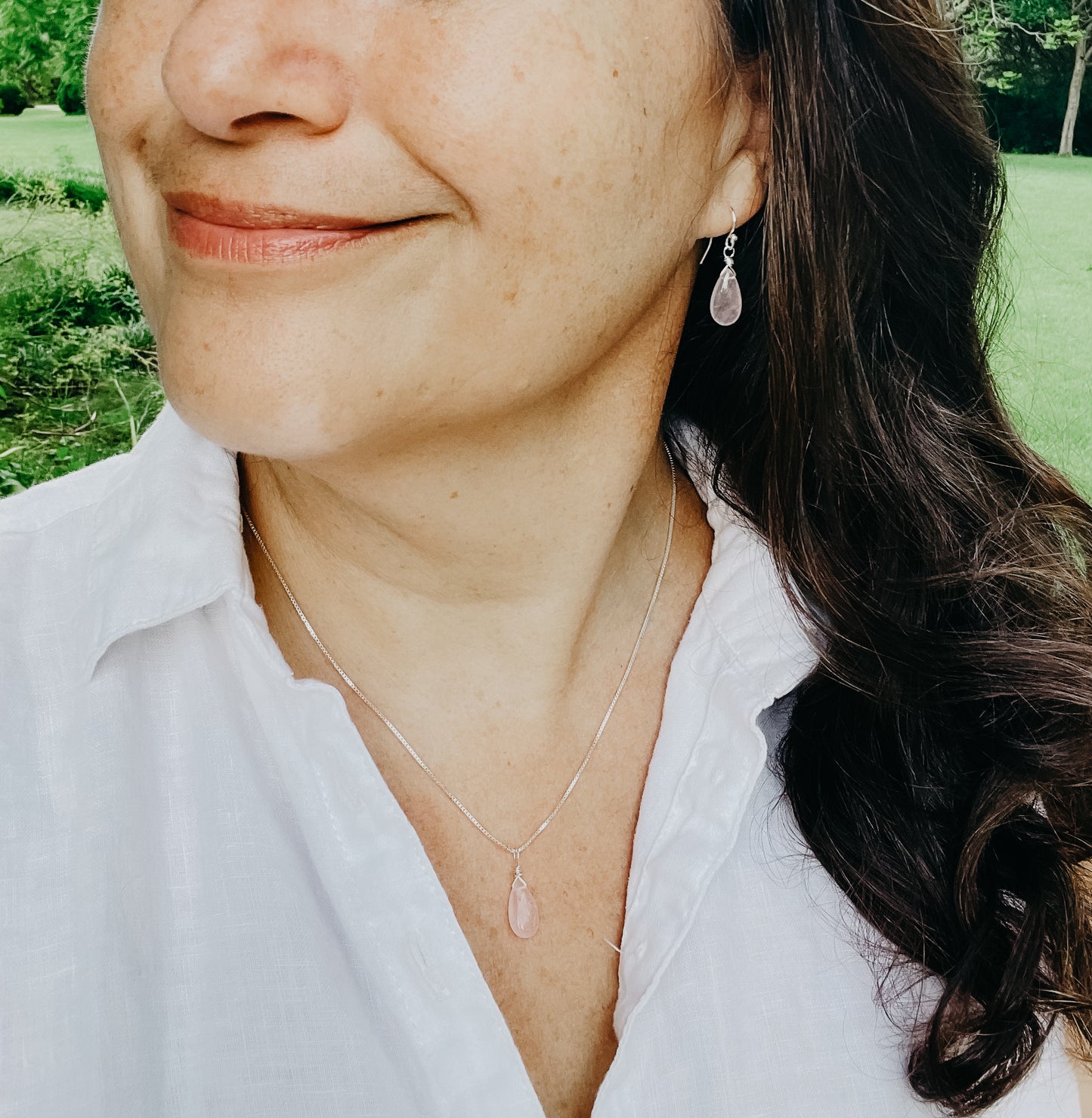 Minimalist Rose Quartz Teardrop Earrings in Sterling Silver