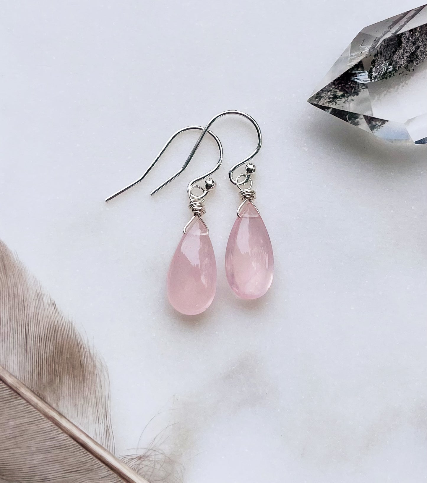 Minimalist Rose Quartz Teardrop Earrings in Sterling Silver