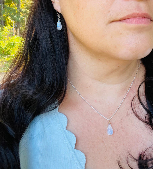 Crystal Necklace for Women, Moonstone Gemstone Set in Sterling Silver, Calming Grounding Crystal Jewelry Set