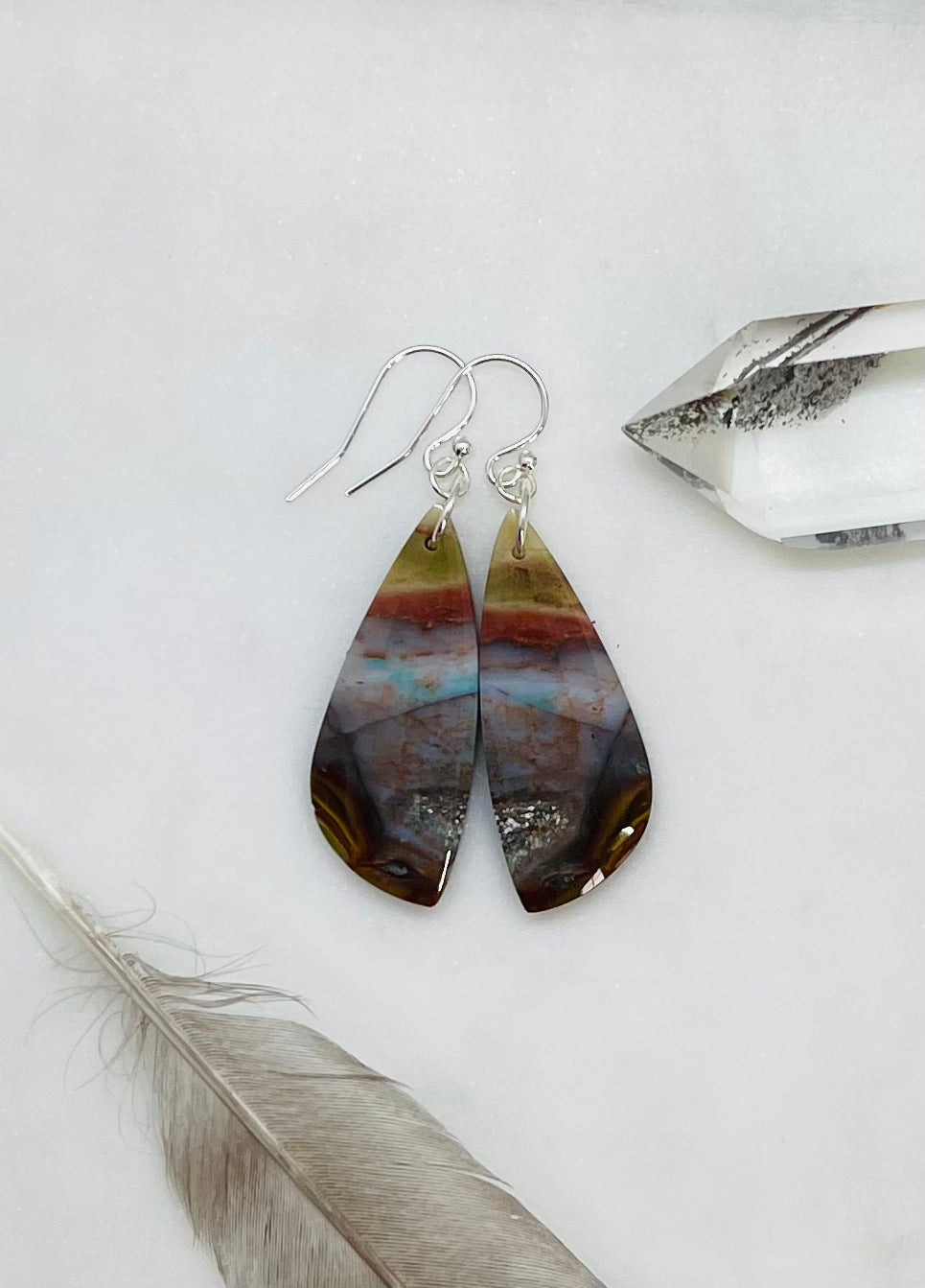 Stone Earrings in Sterling Silver, Natural Petrified Wood Jewelry, Handcrafted in the USA