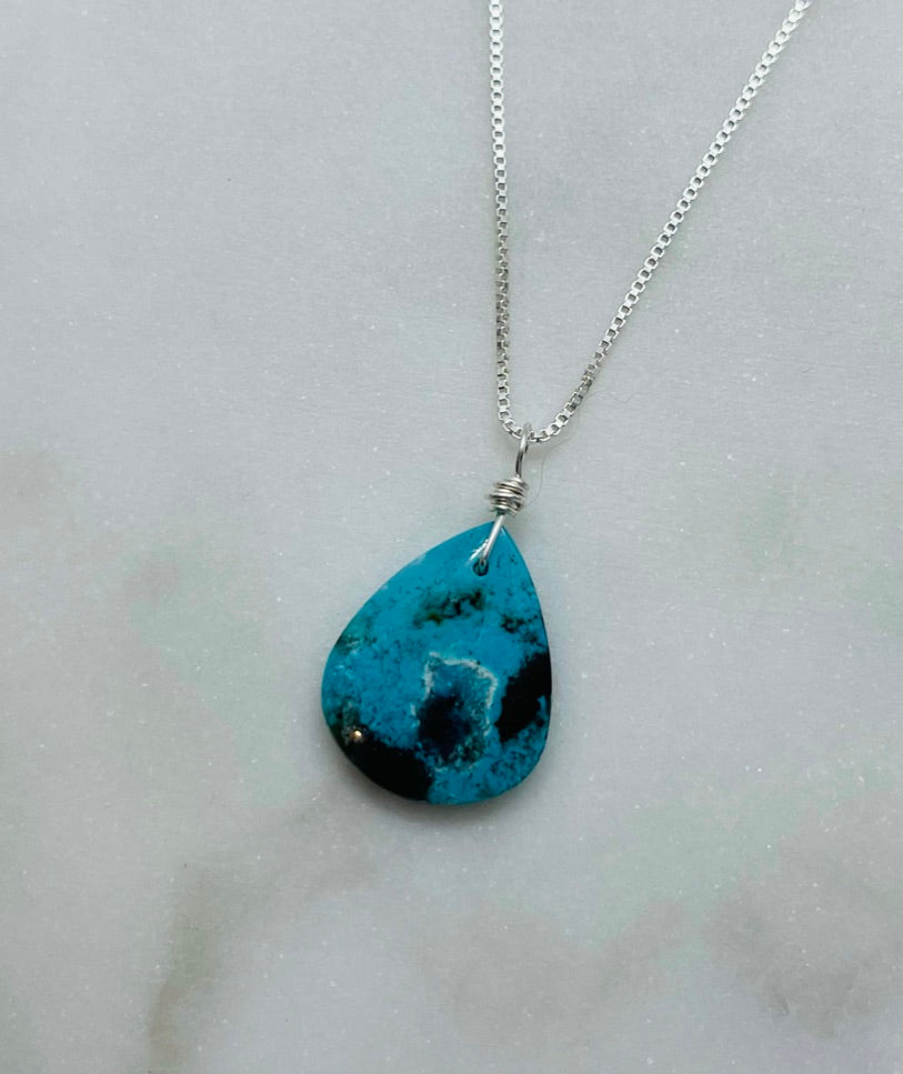 Natural Stone Artisan Pendant Necklace - Petrified Wood Gemstone and Sterling Silver Box Style Chain
