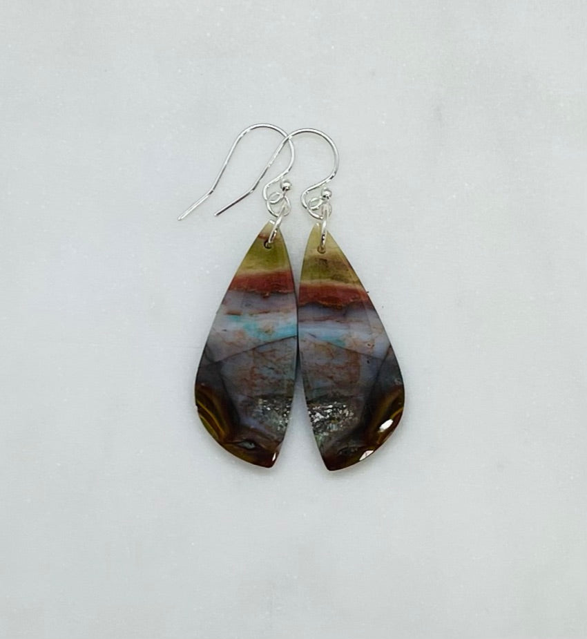 Stone Earrings in Sterling Silver, Natural Petrified Wood Jewelry, Handcrafted in the USA