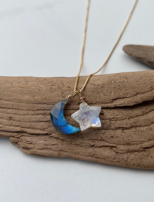 Labradorite Moon & Moonstone Star Gemstone Necklace - Natural Crystal Jewelry of Inner Magic, Light & Hope