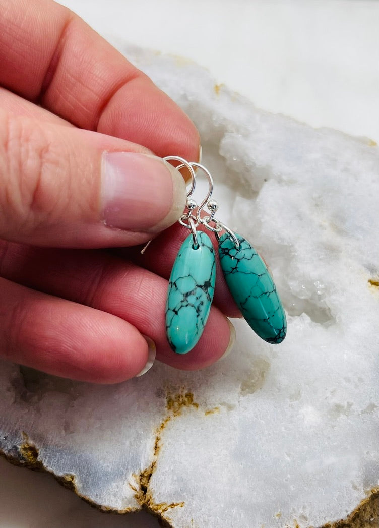Blue American Turquoise Gemstone Earrings for Women, Dangle Style, Sterling Silver, Made in USA