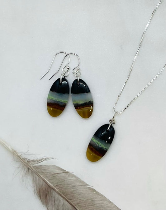Natural Stone Artisan Jewelry Earrings and Necklace Set - Petrified Wood Gemstone and Sterling Silver
