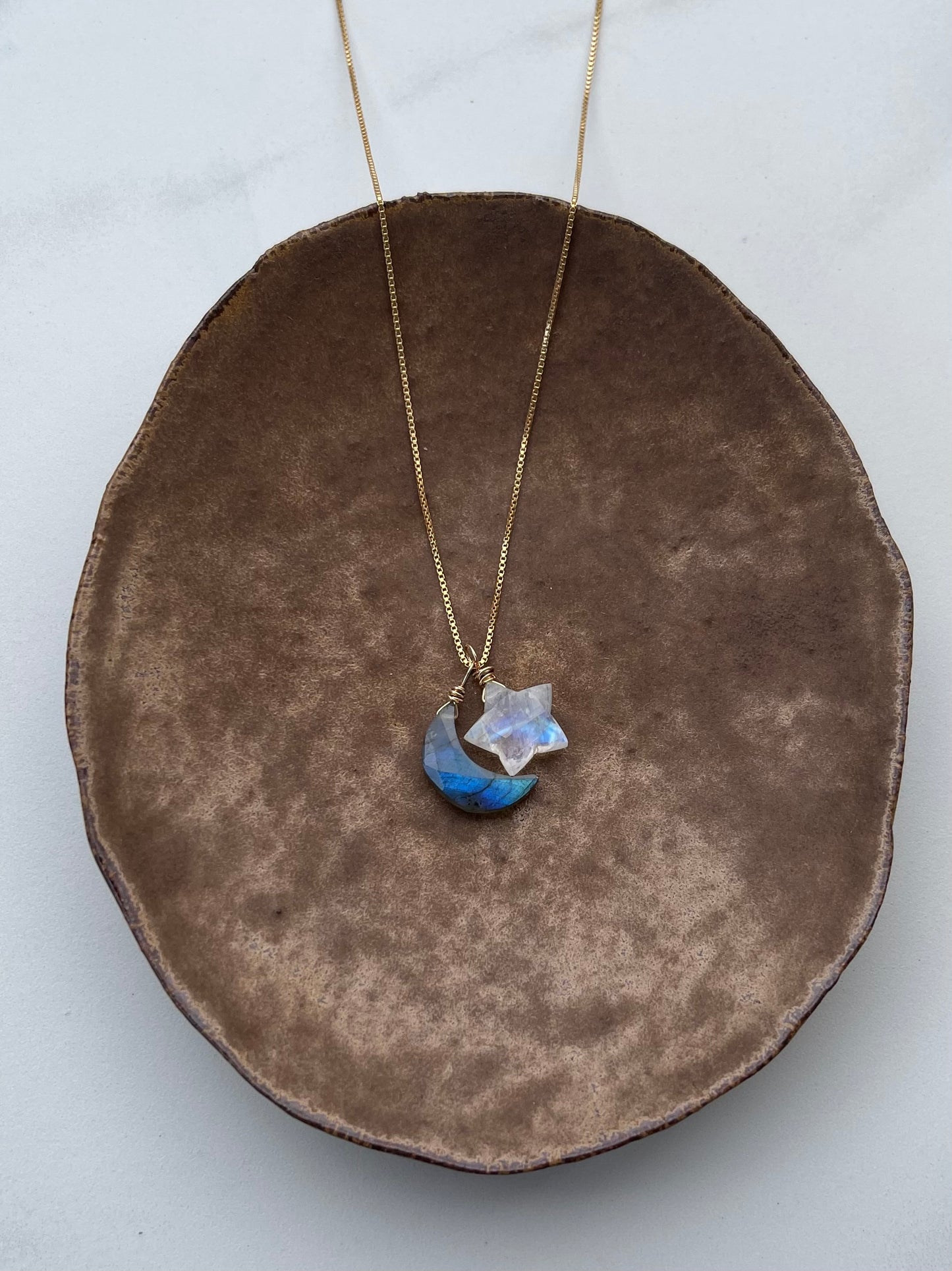 Labradorite Moon & Moonstone Star Gemstone Necklace - Natural Crystal Jewelry of Inner Magic, Light & Hope