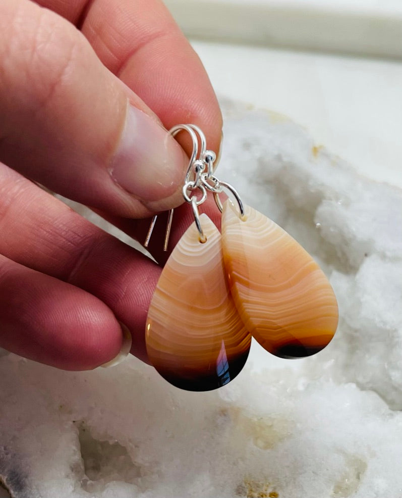 Womens Natural Agate Stone Earrings, One of a kind Gemstone Teardrop Shaped Dangle Earrings