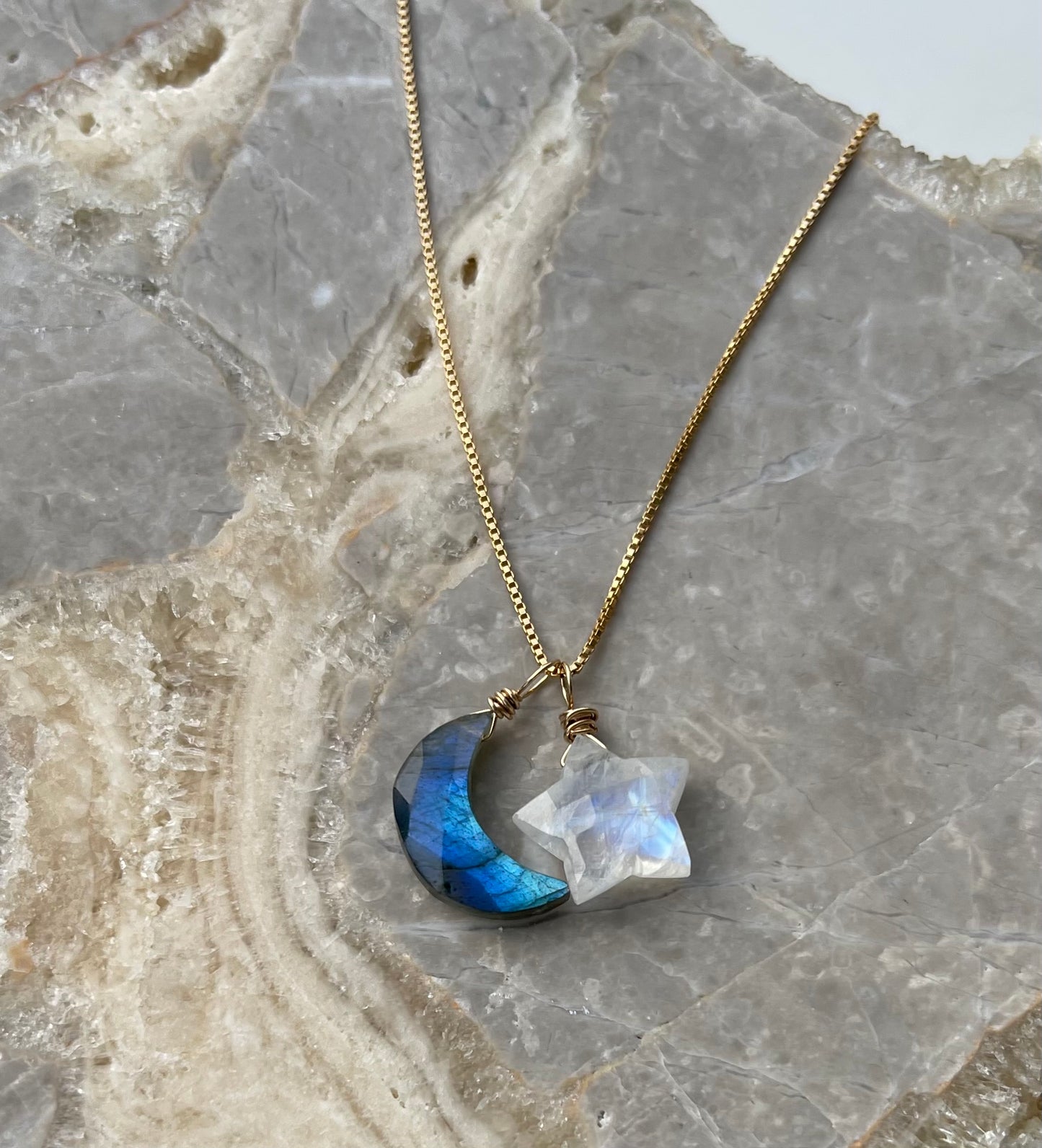 Labradorite Moon & Moonstone Star Gemstone Necklace - Natural Crystal Jewelry of Inner Magic, Light & Hope