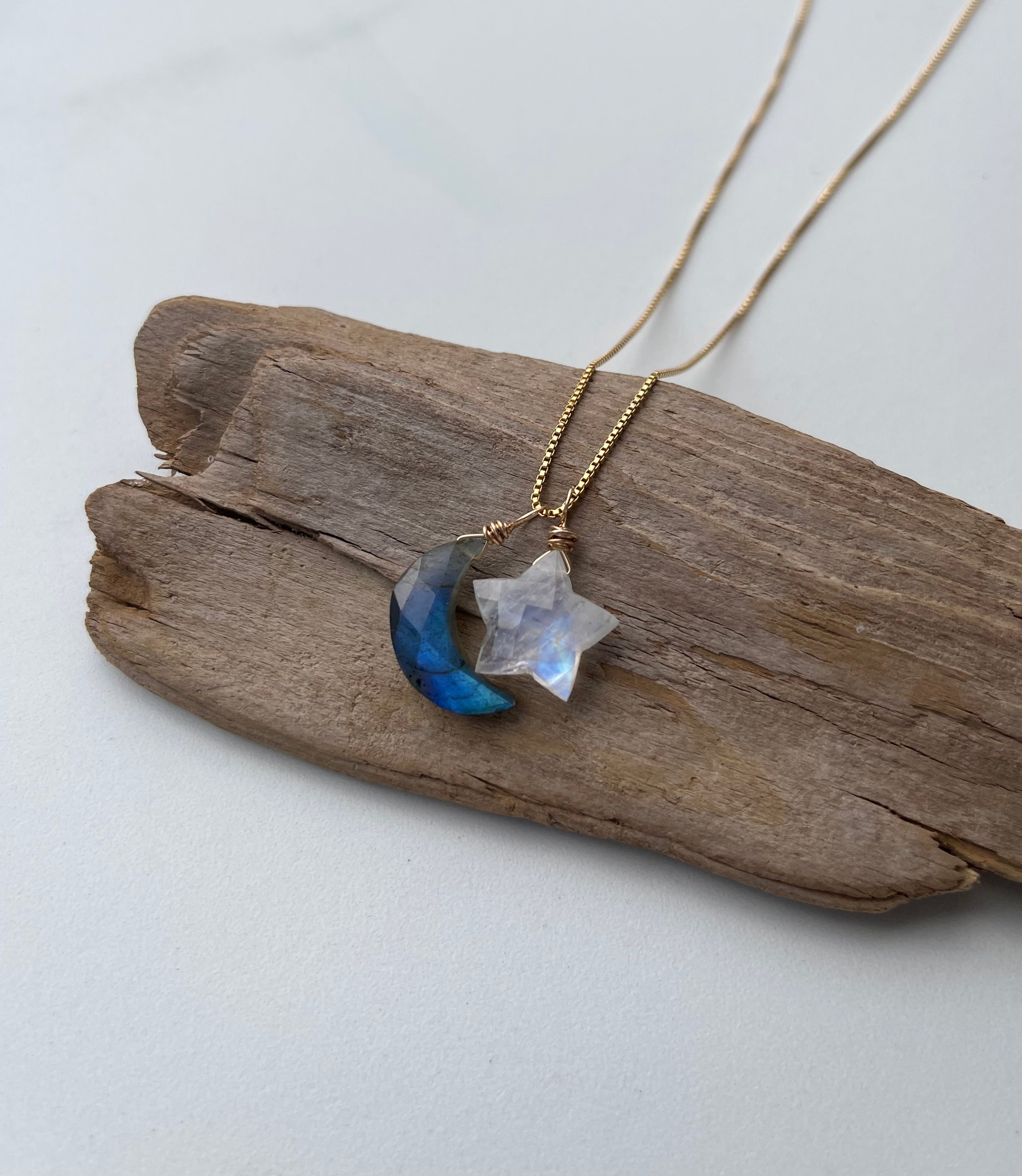 Labradorite Moon & Moonstone Star Gemstone Necklace - Natural