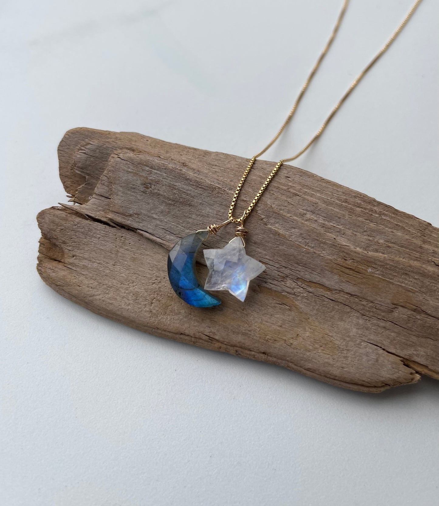 Labradorite Moon & Moonstone Star Gemstone Necklace - Natural Crystal Jewelry of Inner Magic, Light & Hope