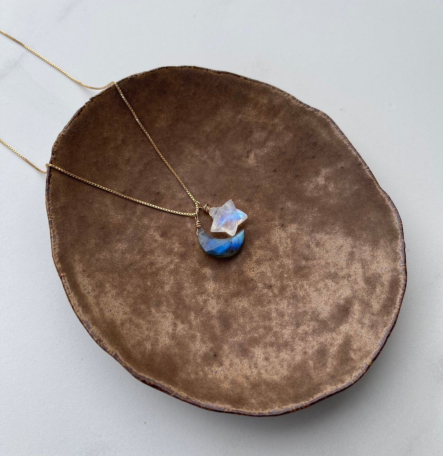 Labradorite Moon & Moonstone Star Gemstone Necklace - Natural Crystal Jewelry of Inner Magic, Light & Hope