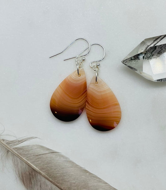 Womens Natural Agate Stone Earrings, One of a kind Gemstone Teardrop Shaped Dangle Earrings