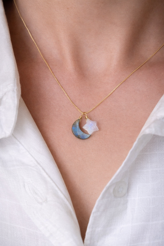 Labradorite Moon & Moonstone Star Gemstone Necklace - Natural Crystal Jewelry of Inner Magic, Light & Hope