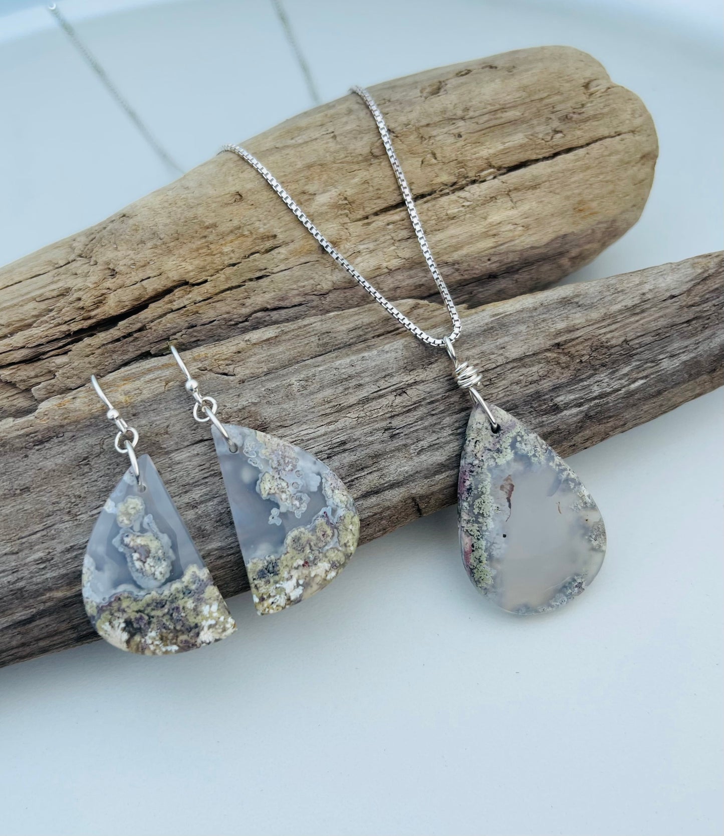 Moss Agate Set - Necklace & Earrings Sterling Silver