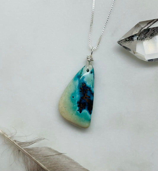 Chrysocolla Gemstone Necklace, Sterling Silver Box Chain, One of a Kind Artisan Jewelry for Women