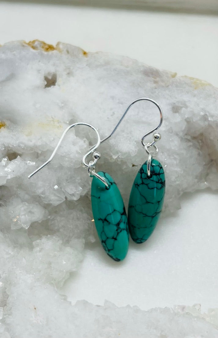 Blue American Turquoise Gemstone Earrings for Women, Dangle Style, Sterling Silver, Made in USA