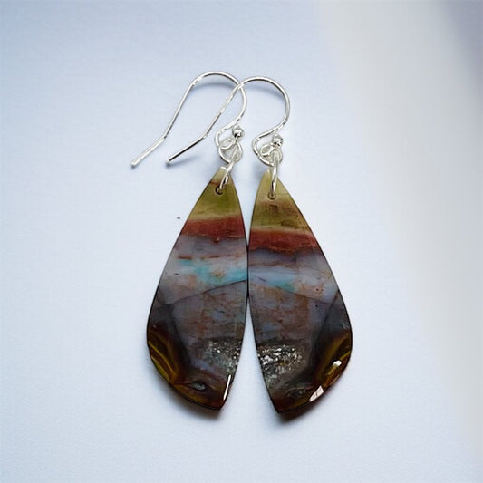 Stone Earrings in Sterling Silver, Natural Petrified Wood Jewelry, Handcrafted in the USA