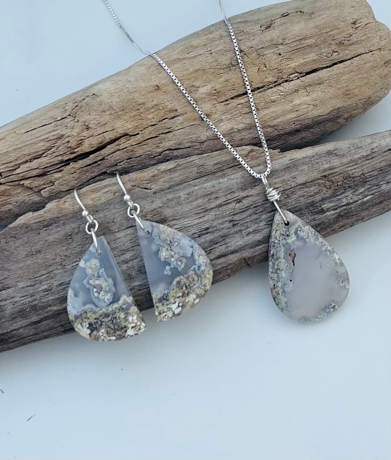 Moss Agate Set - Necklace & Earrings Sterling Silver
