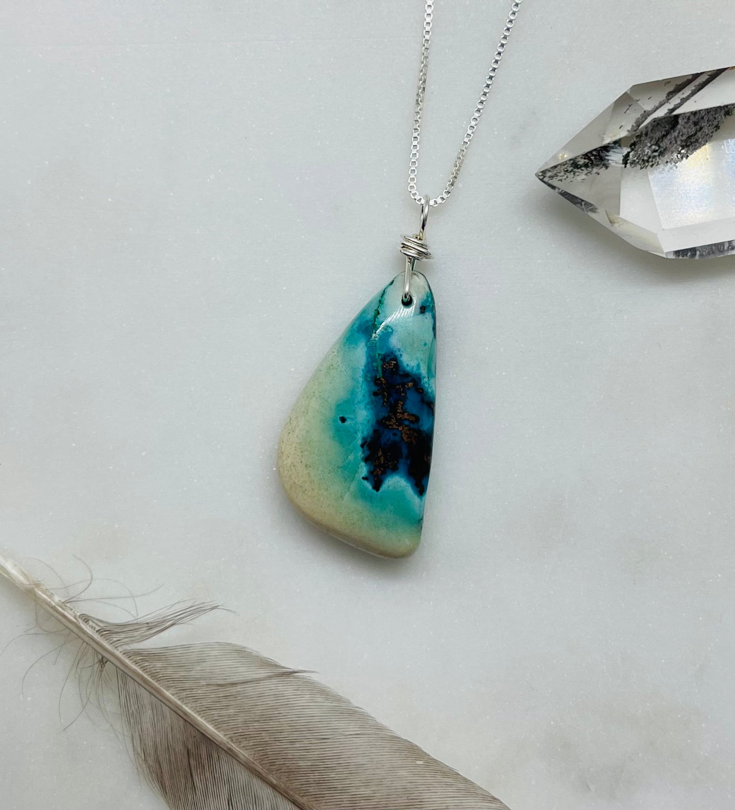 Chrysocolla Gemstone Necklace, Sterling Silver Box Chain, One of a Kind Artisan Jewelry for Women