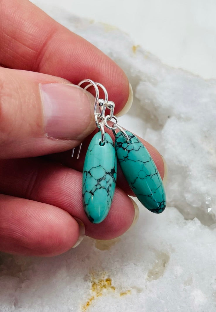 Blue American Turquoise Gemstone Earrings for Women, Dangle Style, Sterling Silver, Made in USA
