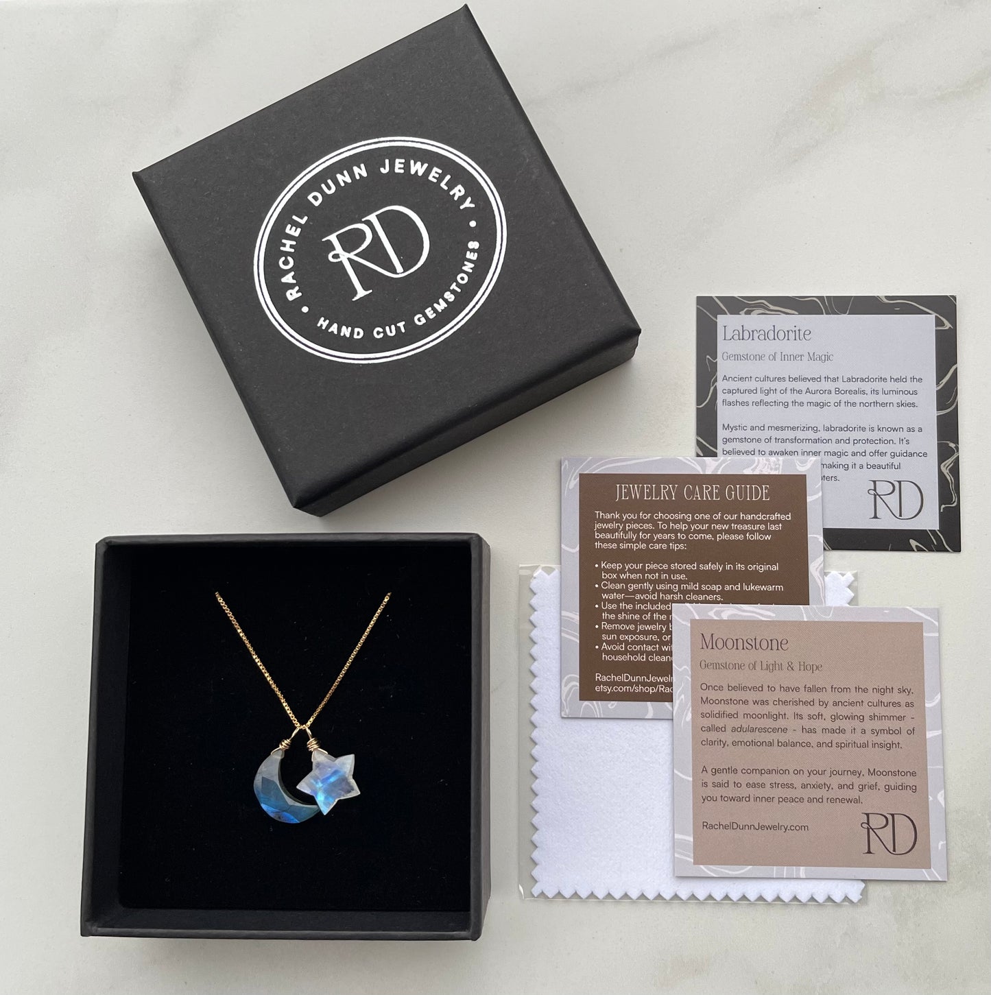 Labradorite Moon & Moonstone Star Gemstone Necklace - Natural Crystal Jewelry of Inner Magic, Light & Hope