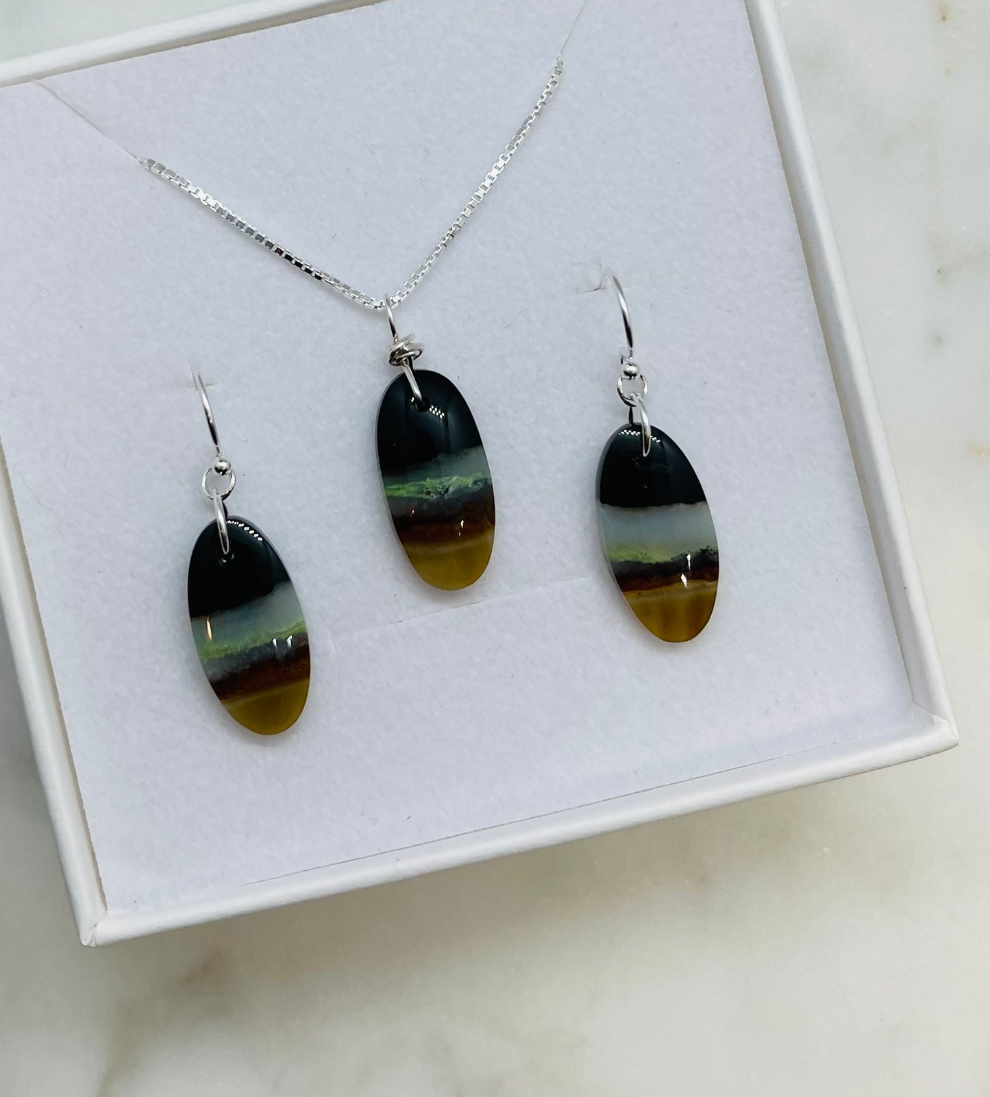 Natural Stone Artisan Jewelry Earrings and Necklace Set - Petrified Wood Gemstone and Sterling Silver