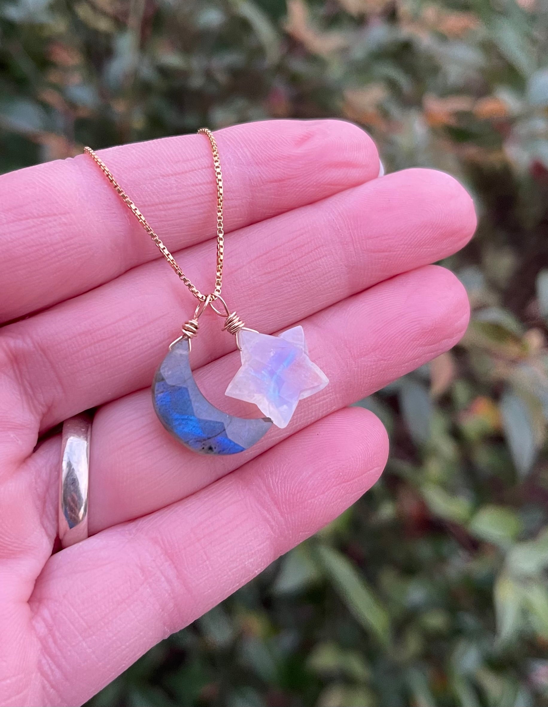 Labradorite Moon & Moonstone Star Gemstone Necklace - Natural