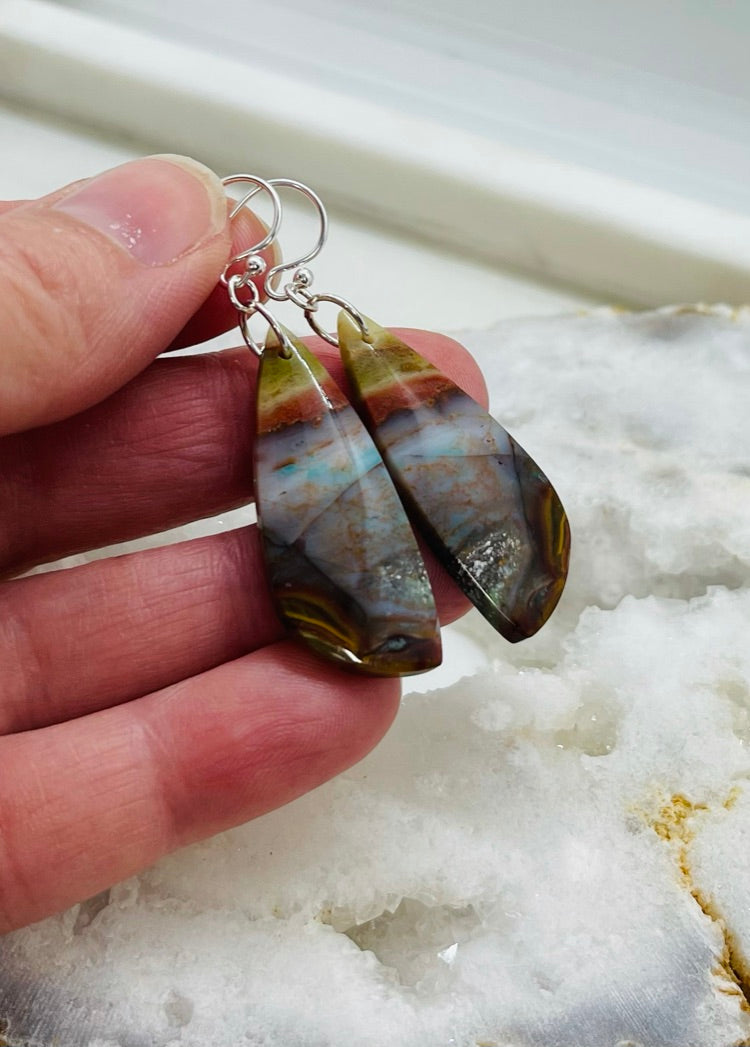 Stone Earrings in Sterling Silver, Natural Petrified Wood Jewelry, Handcrafted in the USA