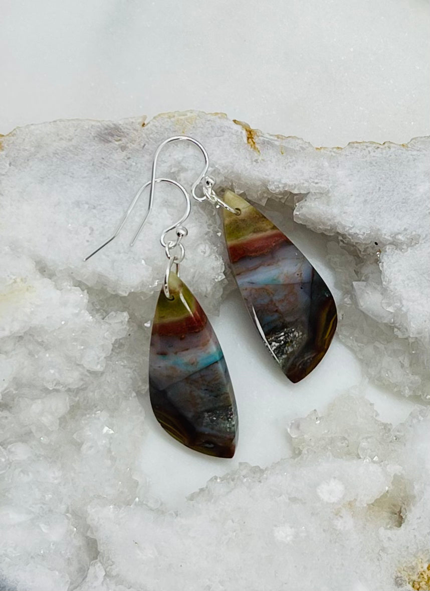 Stone Earrings in Sterling Silver, Natural Petrified Wood Jewelry, Handcrafted in the USA