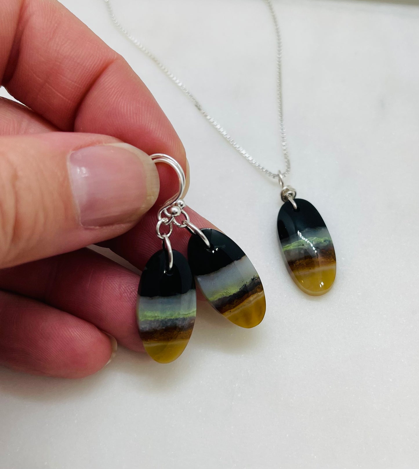 Natural Stone Artisan Jewelry Earrings and Necklace Set - Petrified Wood Gemstone and Sterling Silver