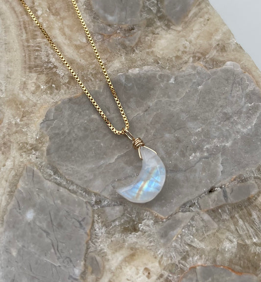 Moonstone Gemstone Crescent Moon Pendant Necklace - A symbol of Light & Hope