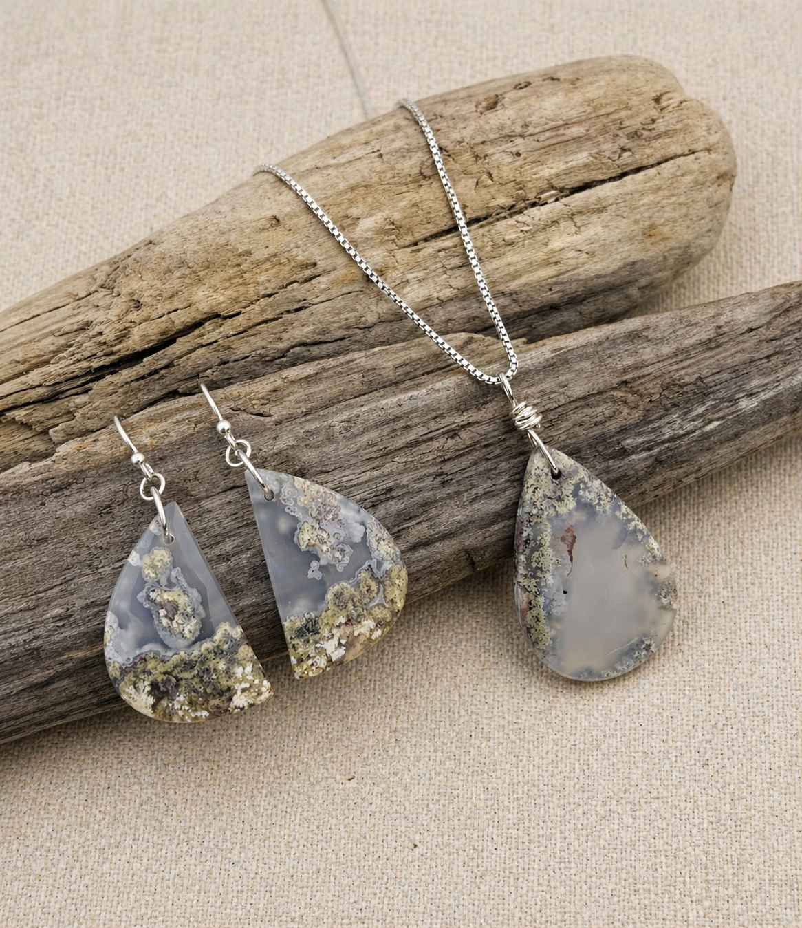Moss Agate Set - Necklace & Earrings Sterling Silver