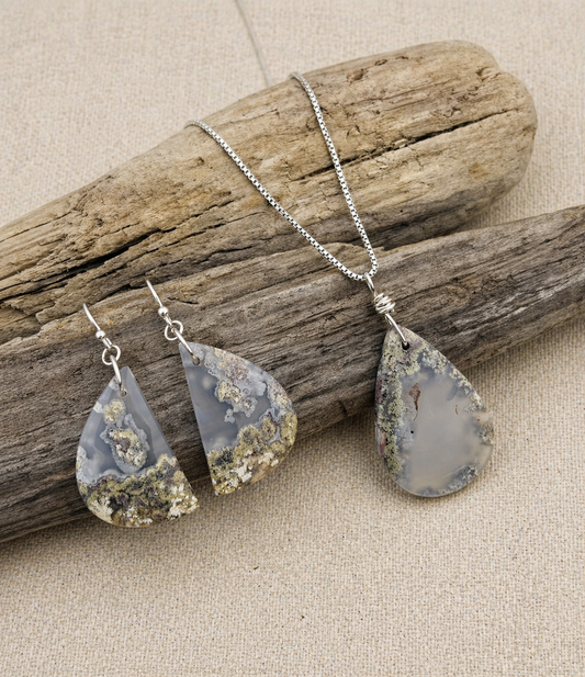 Moss Agate Set - Necklace & Earrings Sterling Silver