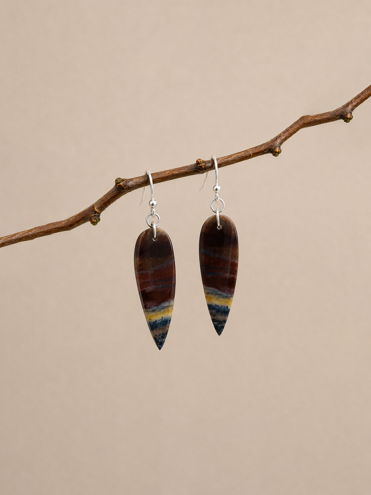 Unique Earrings Made from Natural Petrified Wood Stone and Sterling Silver