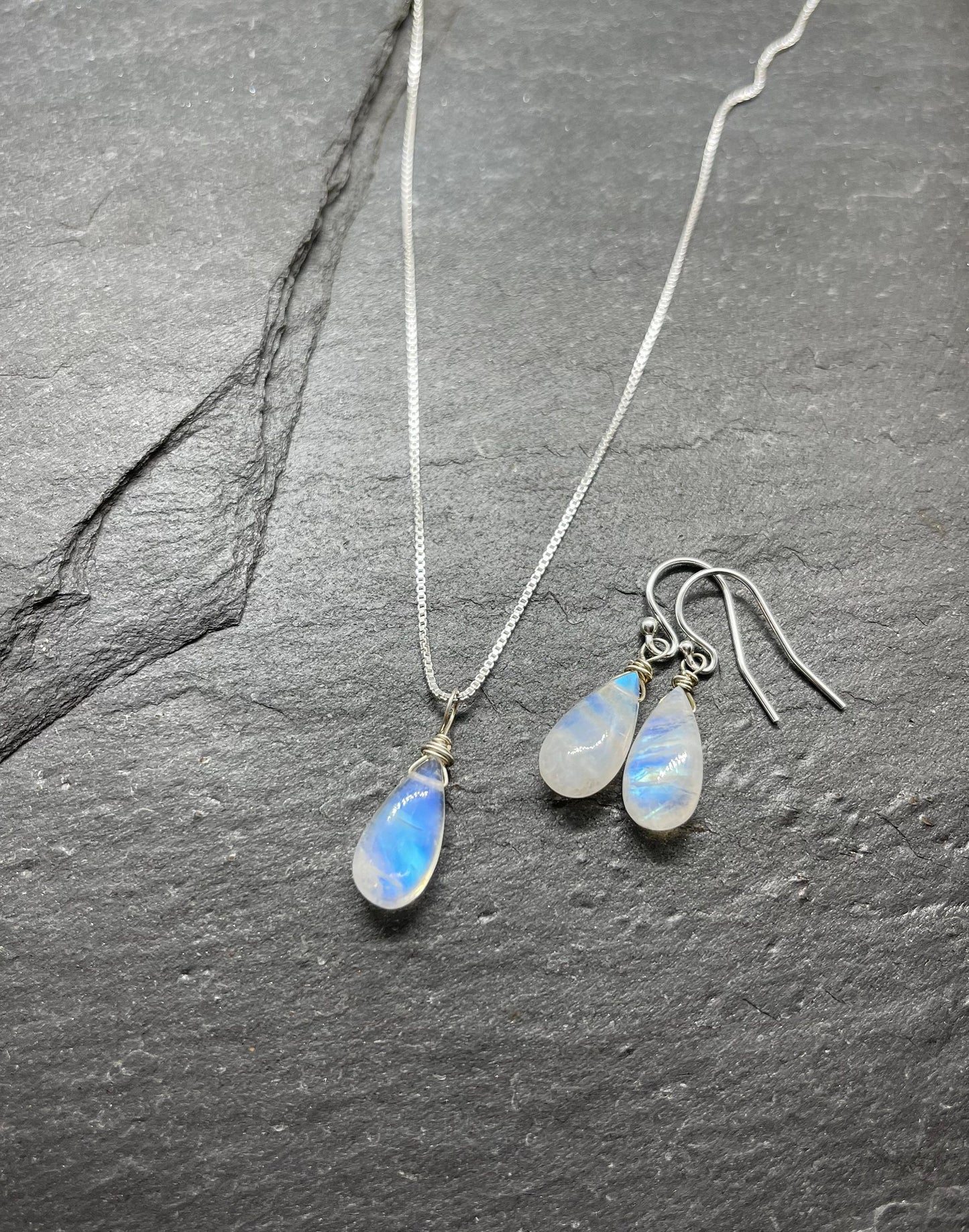Crystal Necklace for Women, Moonstone Gemstone Set in Sterling Silver, Calming Grounding Crystal Jewelry Set