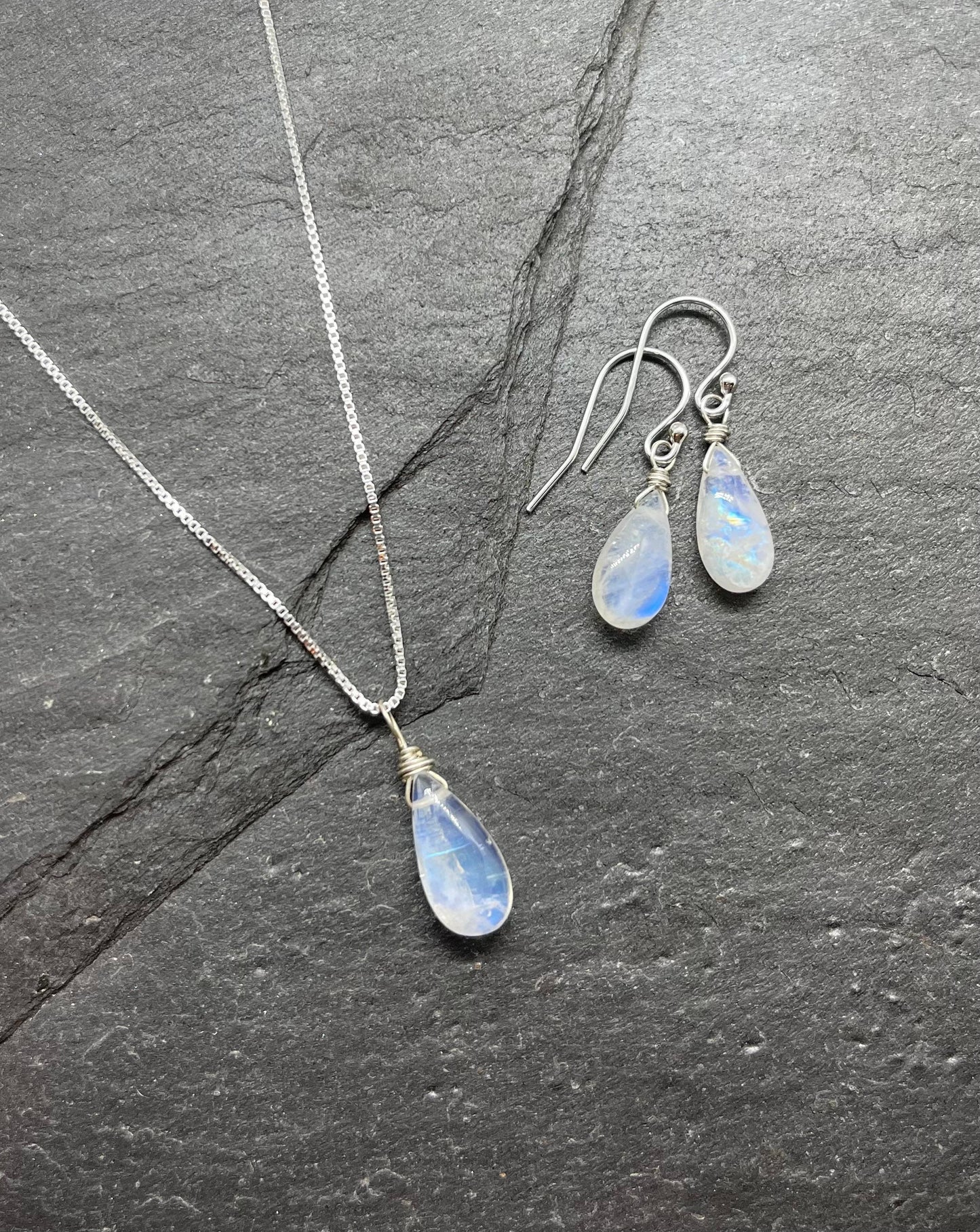 Crystal Necklace for Women, Moonstone Gemstone Set in Sterling Silver, Calming Grounding Crystal Jewelry Set