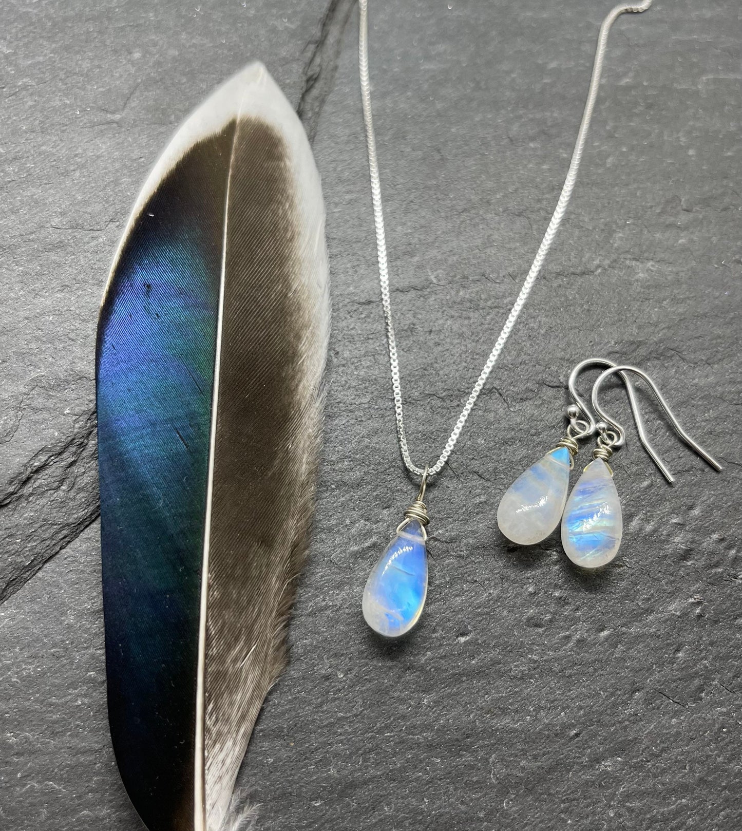 Crystal Necklace for Women, Moonstone Gemstone Set in Sterling Silver, Calming Grounding Crystal Jewelry Set