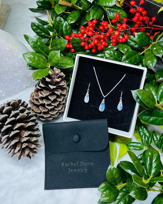Crystal Necklace for Women, Moonstone Gemstone Set in Sterling Silver, Calming Grounding Crystal Jewelry Set